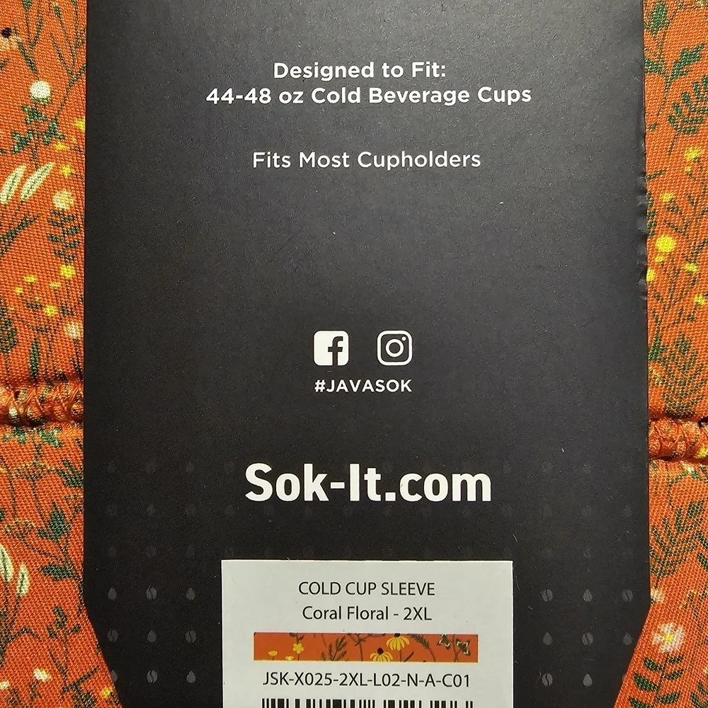 NWT JAVA SOK Orange Floral Print  Insulating Ice Coffee Sleeve XXL